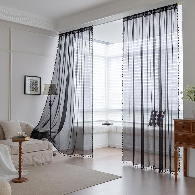 Black Sheer Curtains 102 inch Long, Fringed Edges and Textured Semi Sheer Curtains Large Window Treatments for Living Room/Bedroom, 2 Panels