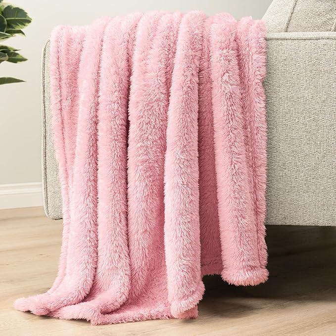 PAVILIA Sherpa Throw Blanket for Couch Sofa, Light Pink Fluffy Warm Plush Blanket for Bed, Cozy Super Soft Lightweight Throw, Fuzzy Decorative Blanket, All Season Home, 50x60