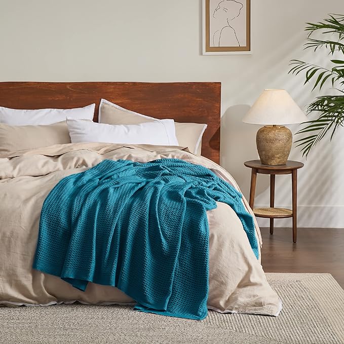 Bedsure 100% Cotton Blanket King Size for Bed - Breathable and Soft, Waffle Weave Blanket for Summer Spring, Teal, 104x90 inches