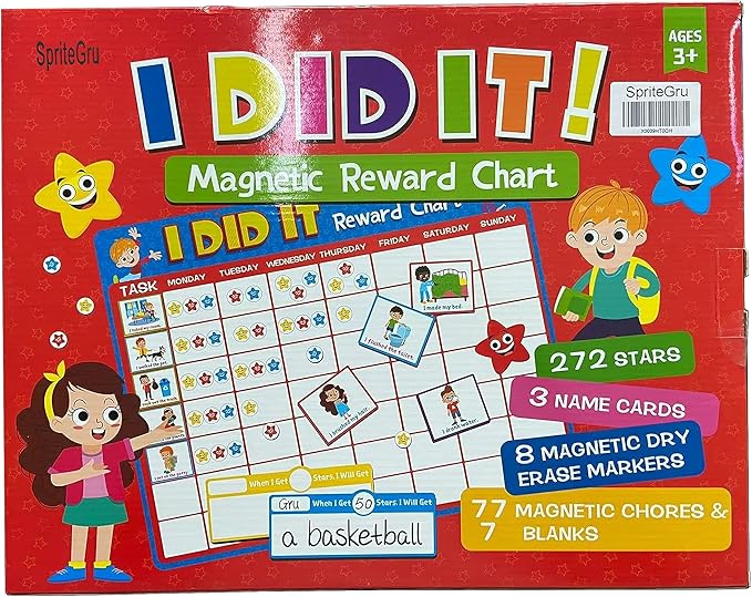 Magnetic Reward Chart, Dry Erase Kids Behavior Responsibility Task Board-84 Chores (Including 7 Blanks), 272 Magnetic Stars, 8 Markers & 3 Name Cards-Good Behavior Daily Routine to Motivate Kids