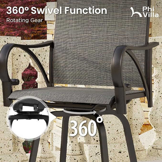 PHI VILLA 7 Piece Outoor Bar Dining Set, High Top Patio Bar Table and Chairs Set with 6 Outdoor Swivel Bar Stools & 40" Outdoor Bar Table for Yard, Garden and Terrace, Grey