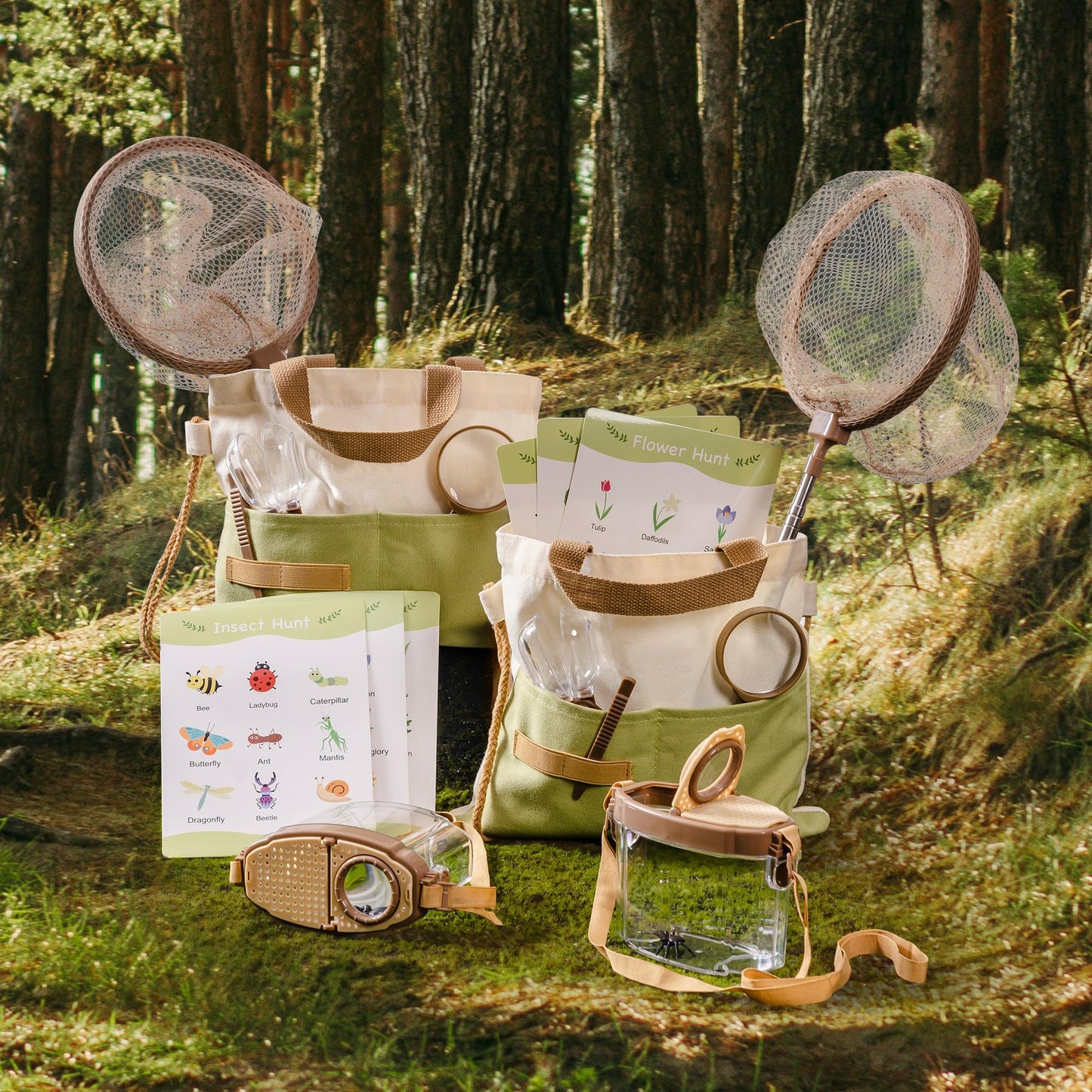 ROBOTIME 2Sets Bug Catcher for Kids, Sturdy Bug Catching Kit with Butterfly Net, Insect Box, Magnifying Glass, Tweezer, Clamp, Cards and Carry Bag, Bug Habitat Outdoor Explorer Kit for Kids 3-12
