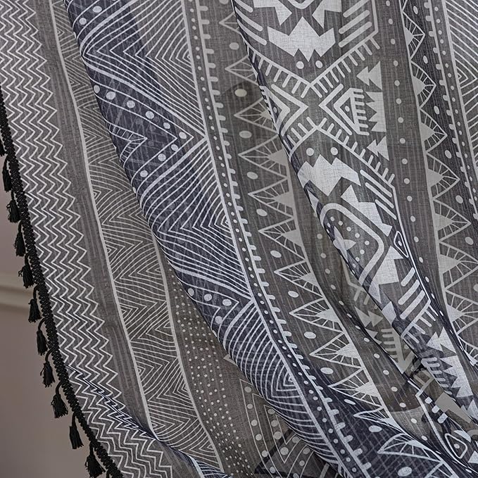 Black Geometric Sheer Curtains 63 inch Long, Fringed Edges and Textured Semi Sheer Curtains Large Window Treatments for Living Room/Bedroom, 2 Panels
