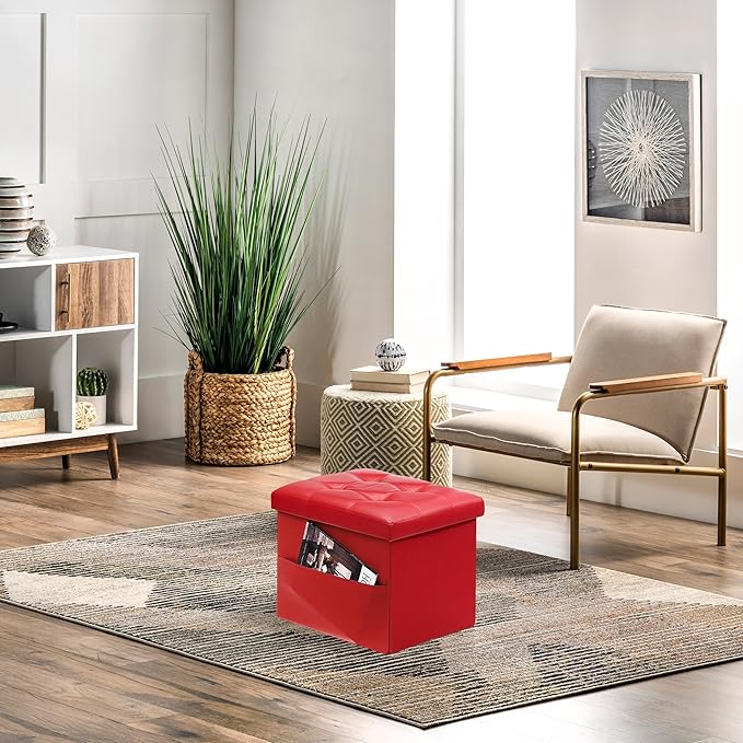 AmasSmile Red Storage Ottoman Folding Foot Rest Stool with Side Pocket, 16 inch Leather Footstool Bench, Short Ottoman Bench, Storage Foot Rest Store, Books