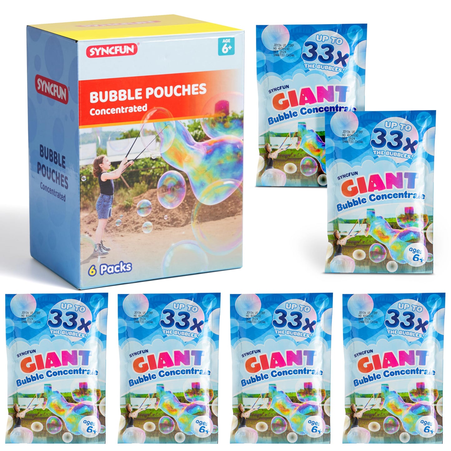 SYNCFUN Giant Bubble Solution (Up to 4.5 Gallons), 6 Pouches Concentrated Solution Refill for Bubble Machine, Wands, Blower, Easter, Outdoors Activity