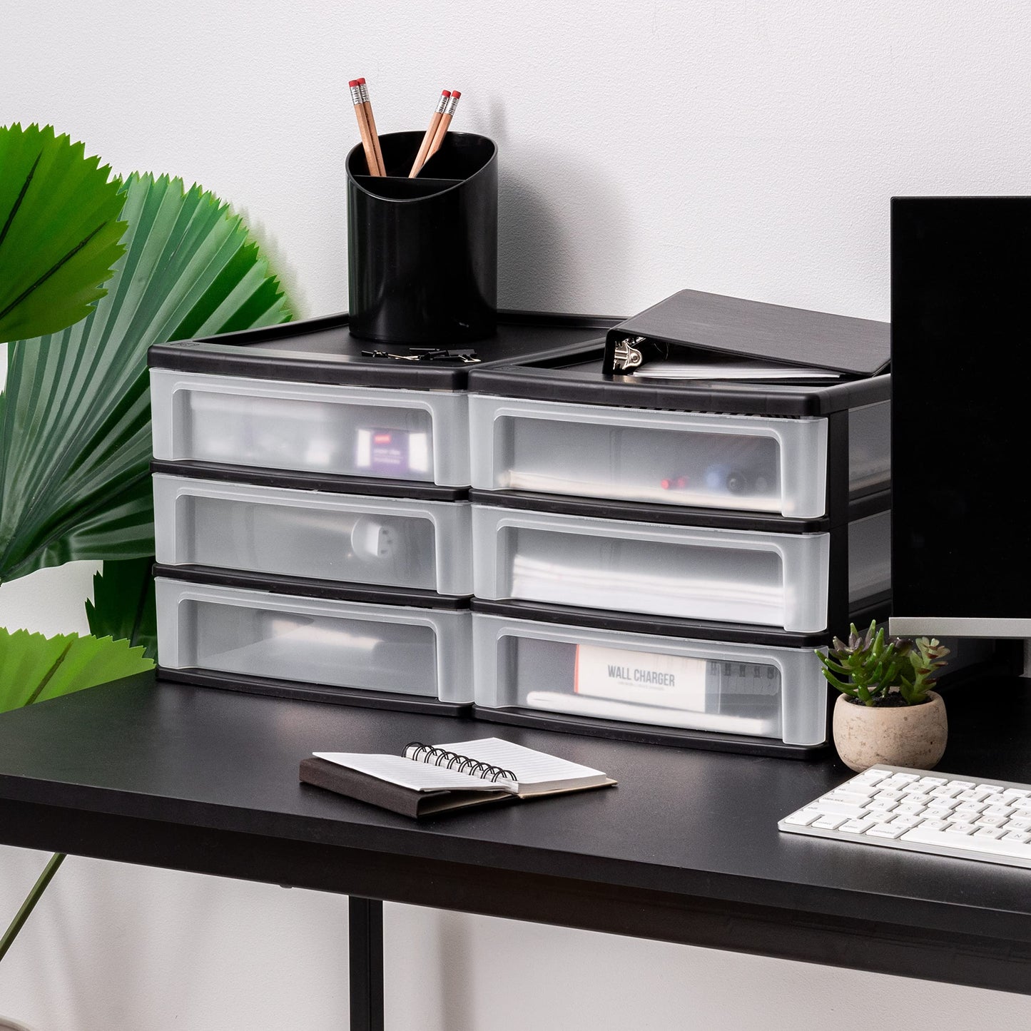 IRIS USA Plastic Stacking Desk Top 3-Drawer Storage Organizer, 2-Pack, for Makeup Vanity Nail Polish Bathroom Stationery Art Craft Supplies Kitchen Office Garage and Small Organization, Medium, Black
