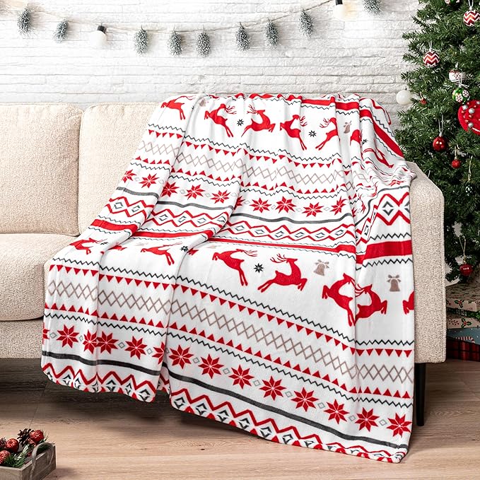 PAVILIA Christmas Throw Blanket | Holiday Christmas Reindeer Snowflakes Fleece Blanket | Soft, Plush, Warm Winter Cabin Throw,60x80 (White Reindeer)