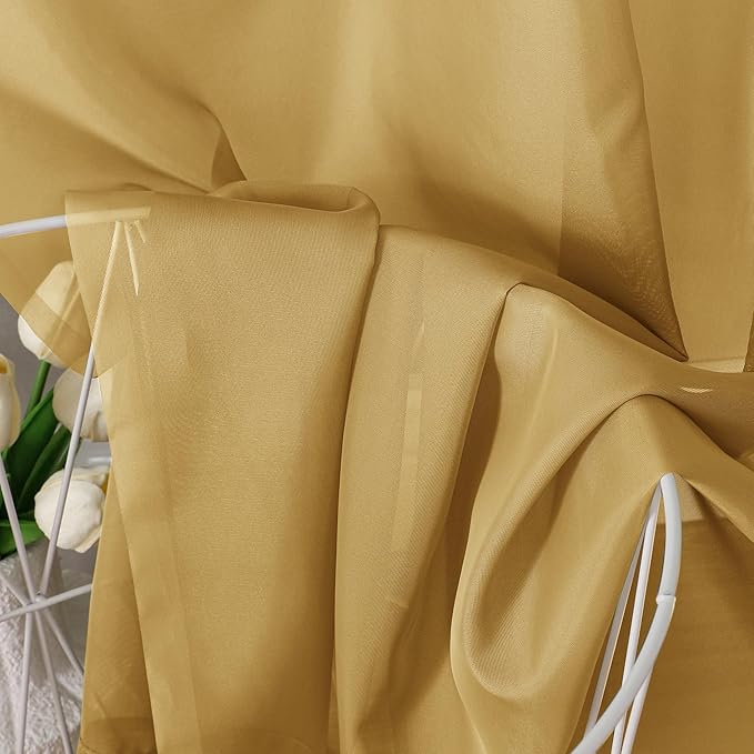 Chyhomenyc Gold Sheer Valances for Windows - Light Filtering Small Kitchen Curtains, Rod Pocket Short Top Window Treatment Decor for Living Room Bathroom Basement, 42Wx16L inches, 2 Panels