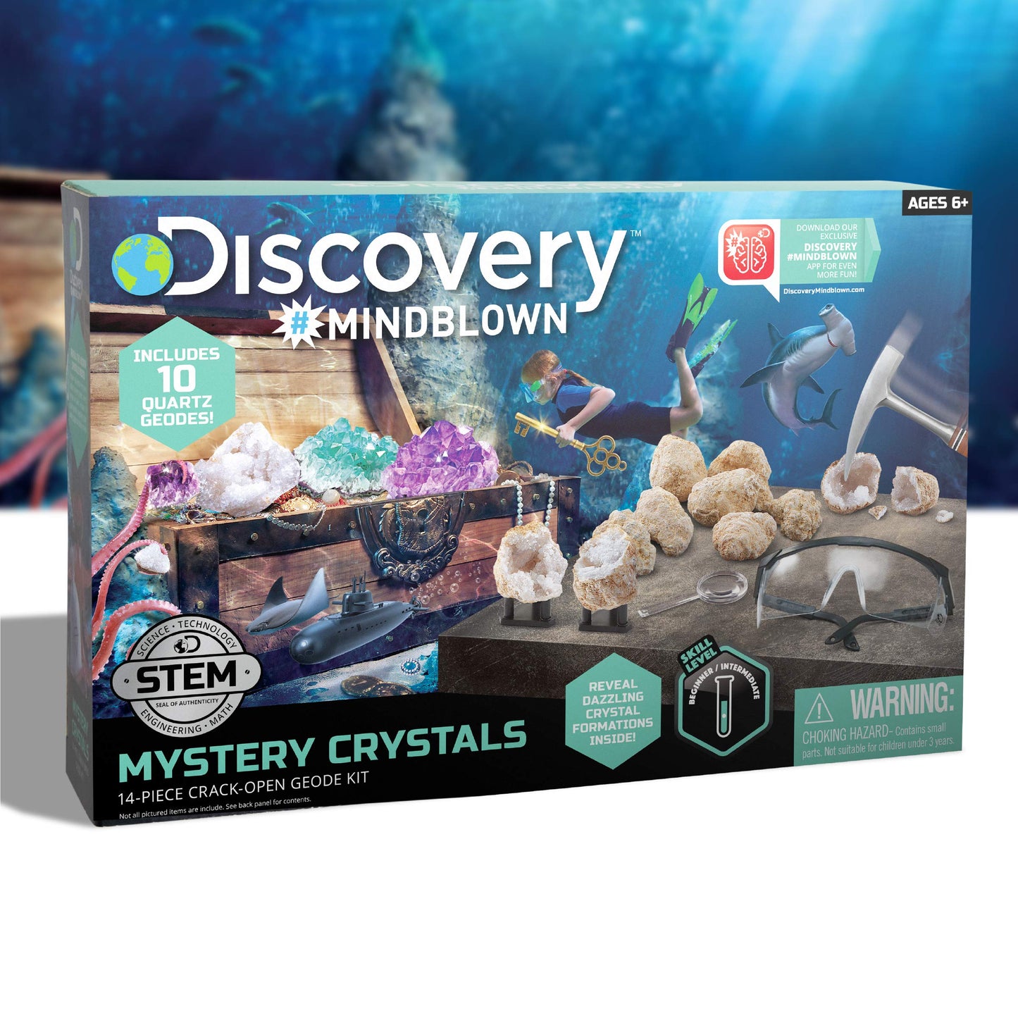 Discovery™ Crack-Open Geode Kit – Mystery Crystal STEM Science Set | 10 Natural Quartz Geodes | Kids Goggles, Magnifying Glass & Display Stands | Rock Dig Activity Toy| Educational Experiment Gift