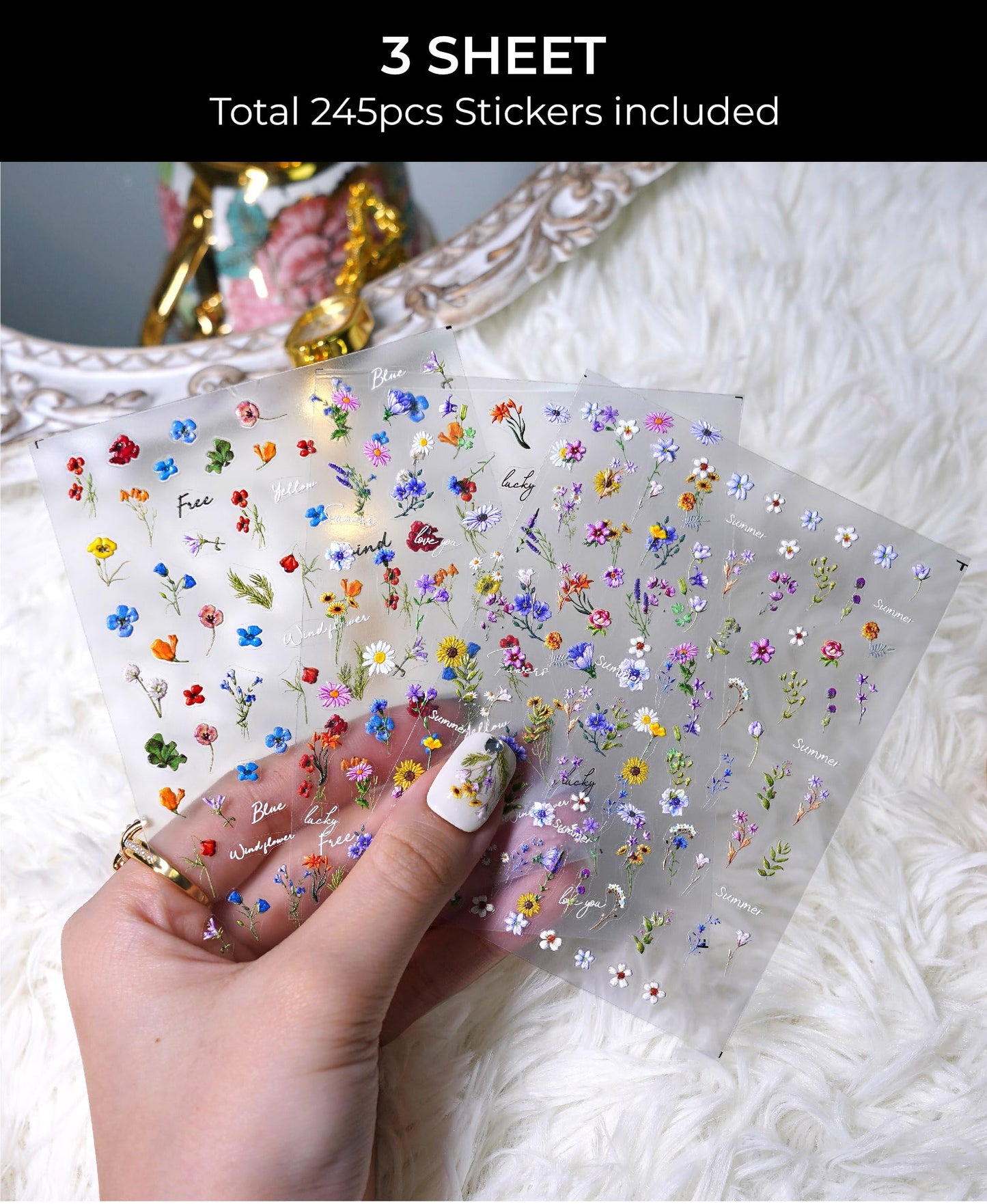 Beaolata Flower Nail Stickers for Nail Art - 3 Sheets 5D Embossed Iridescent Floral Trio Leaf Plant Designs Self-Adhesive Nail Decals for Women Manicure Salon Nails Art Decoration