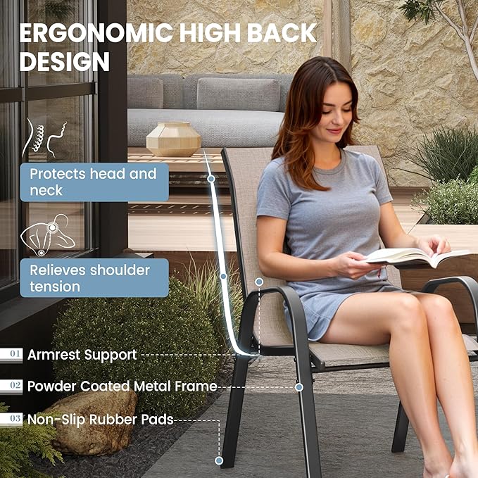 Patio Dining Chairs Set of 8, Outdoor High Stacking Chairs，Breathable Seat Fabric and Alloy Steel Frame for Backyard, Porch, Garden, Sunroom (Light Brown)