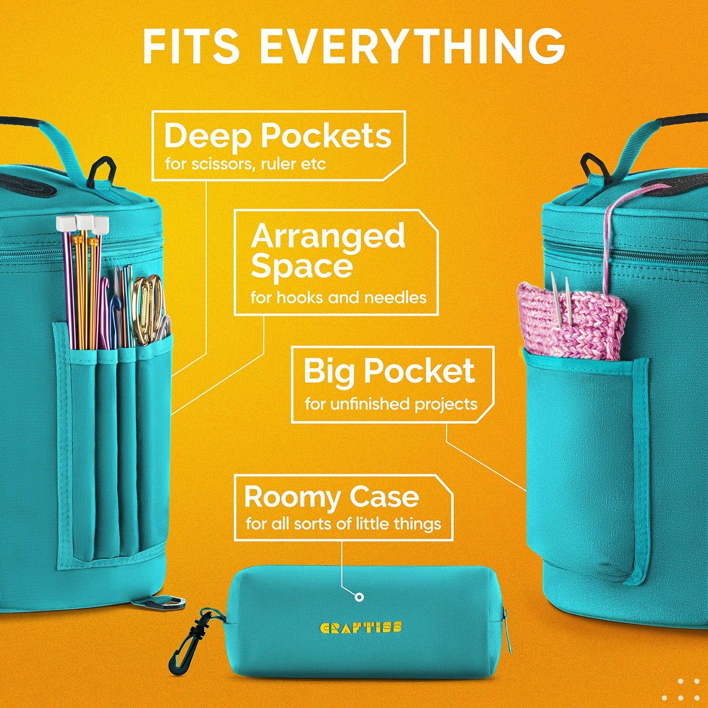 CRAFTISS Knitting Bag Yarn Storage - Mothers Day Gift - Durable Canvas Yarn Holder for Crochet Accessories - Organizer Crochet Bag with Knitting Accessories Case (Turquoise)