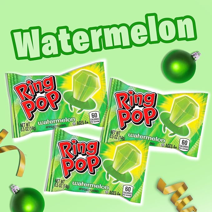 Ring Pop Green Halloween Candy Lollipops, 30Ct Bulk Candy Individually Wrapped in Green Watermelon Flavor, Full Size, Fun Hard Candy For Trick or Treat, Halloween Bowls, Gifts, Party Favors for Kids