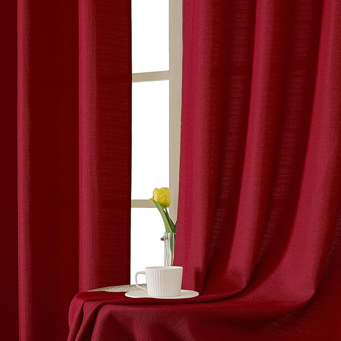 Chyhomenyc Christmas Red Valance for Windows, Light Filtering Faux Linen Textured Small Short Valances for Bathroom Laundry Basement, Airy Rod Pocket Top Window Curtain, 30Wx14L inch, 2PCS