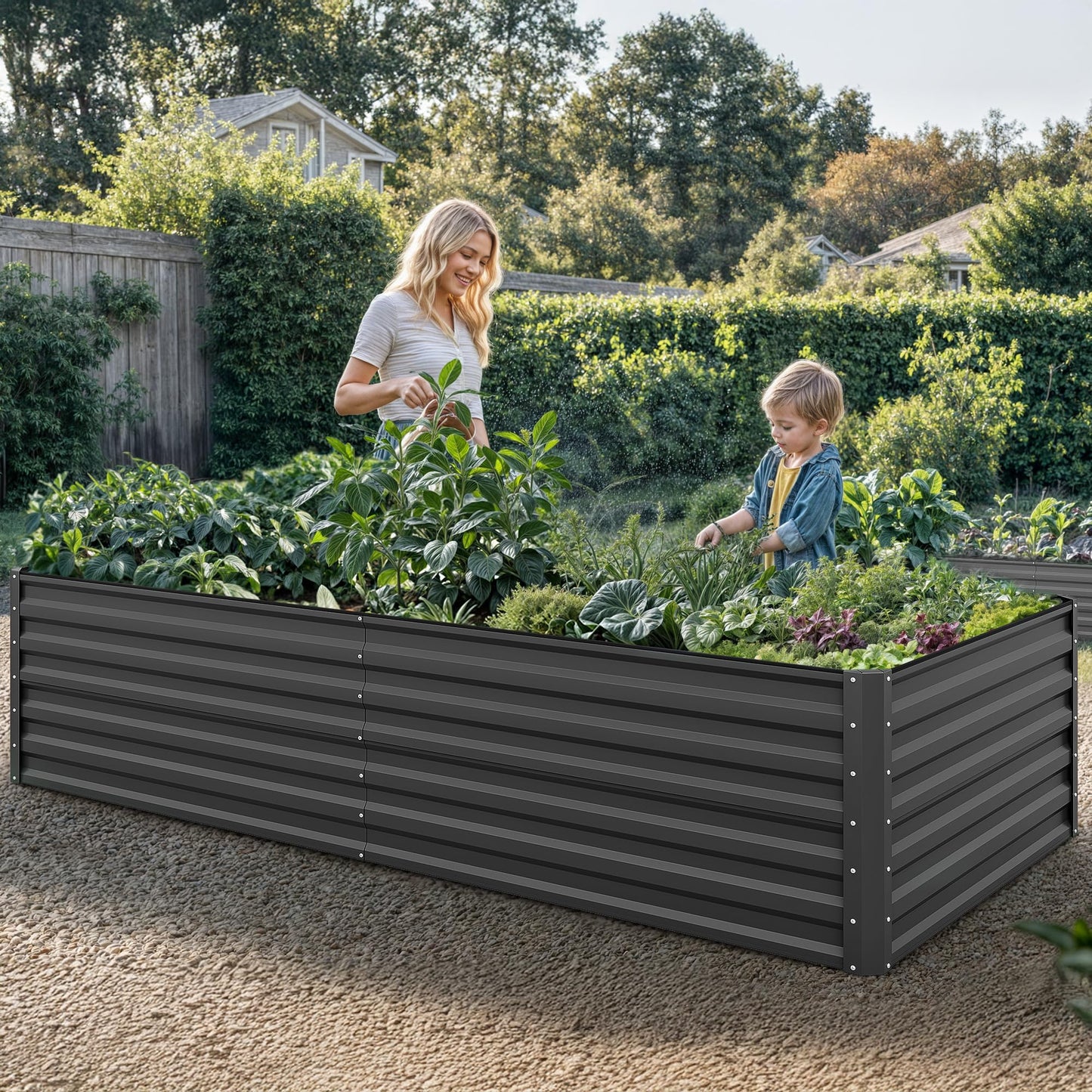 YITAHOME 8x4x2 ft 4pcs Galvanized Raised Garden Bed Kit, Large Metal Planter Box with Gloves, Safety Rubber & Support Rod, Outdoor Flower Bed for Plants Vegetables, Black