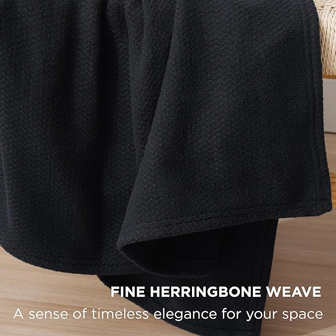 Bedsure 100% Cotton Blanket Queen Size for Bed - Breathable and Lightweight, Soft Cozy Textured Herringbone Woven Blanket for Summer Spring, Black, 90x90 inches