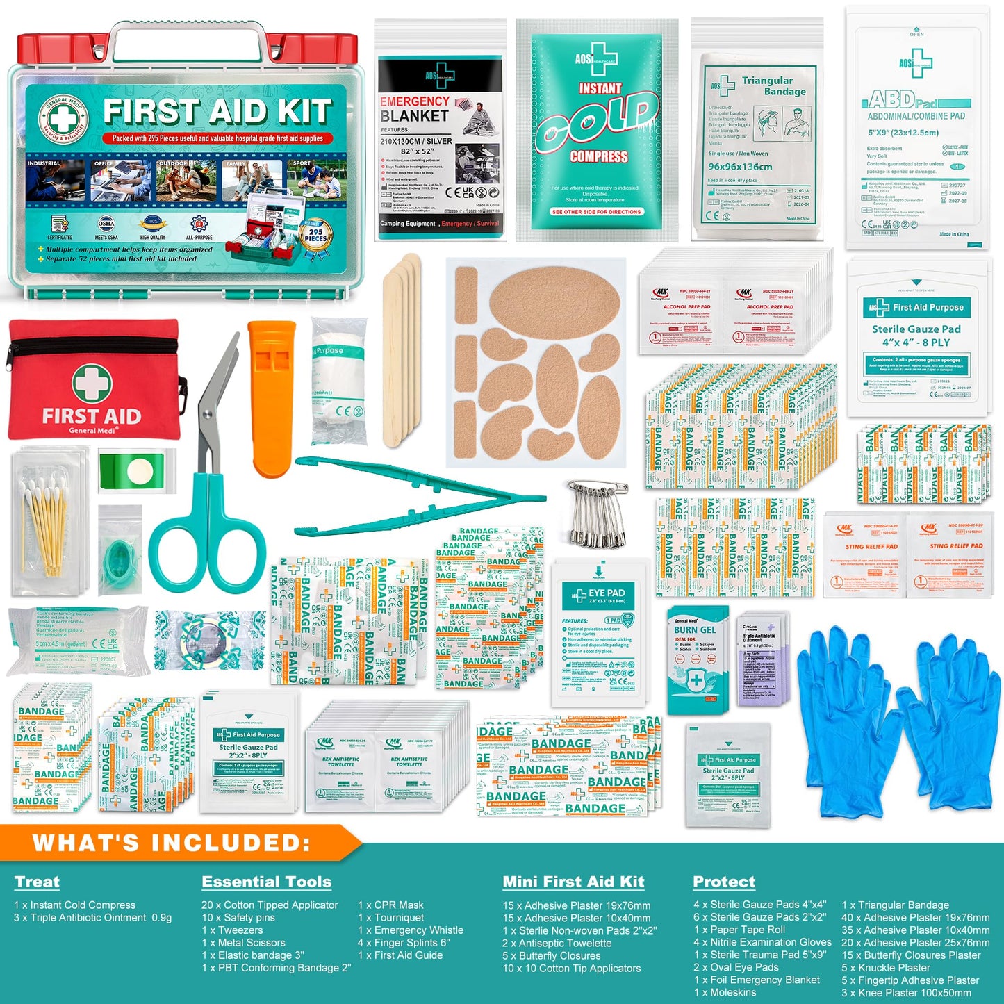 General Medi 295 Pieces Professional First Aid Kit - HardCase First Aid Box - Contains Premium Medical Supplies for Travel, Home, Office, Vehicle, Camping, Workplace & Outdoor