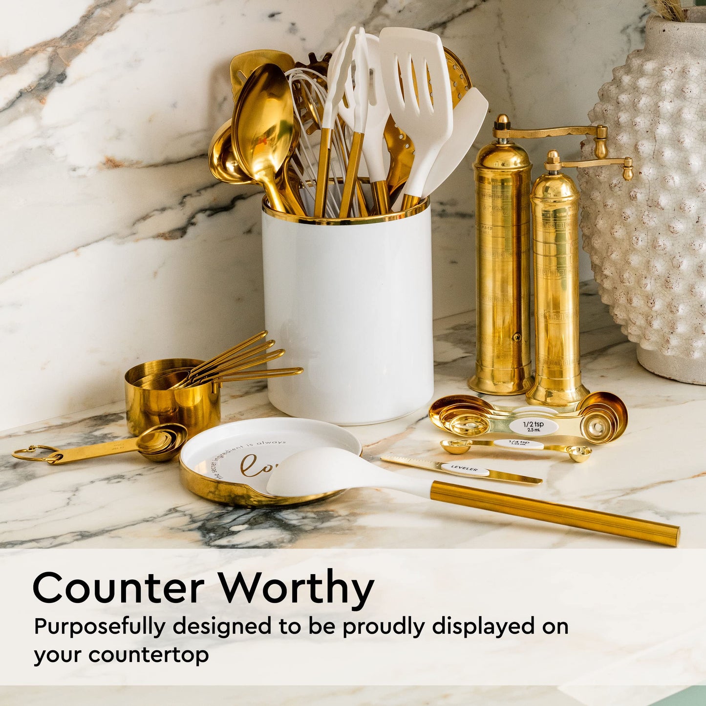 White Utensil Holder with Built-In Ceramic Spoon Rest - 2-Piece Luxe White and Gold Spatula Holder with Gold Spoon Rest for Countertop Organization - Stylish Kitchen Accessory, Utensils Not Included