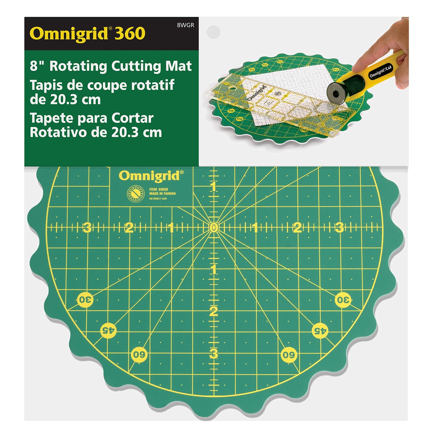 Omnigrid 360 Rotating Self-Healing Cutting Mat, 8 Inch Precision Fabric Cutting Mat with Durable Surface for Quilting, Sewing & Crafts