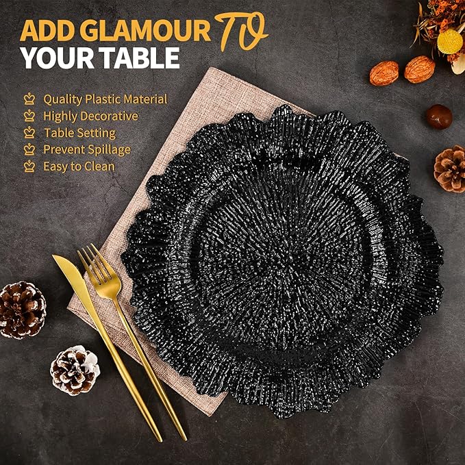 50 Pcs Black Charger Plates Bulk 13 Inch Plastic Charger Plates for Dinner Plate, Black Chargers for Table Setting, Reef Design Plate Floral Decorative Round Chargers for Wedding Party, Event