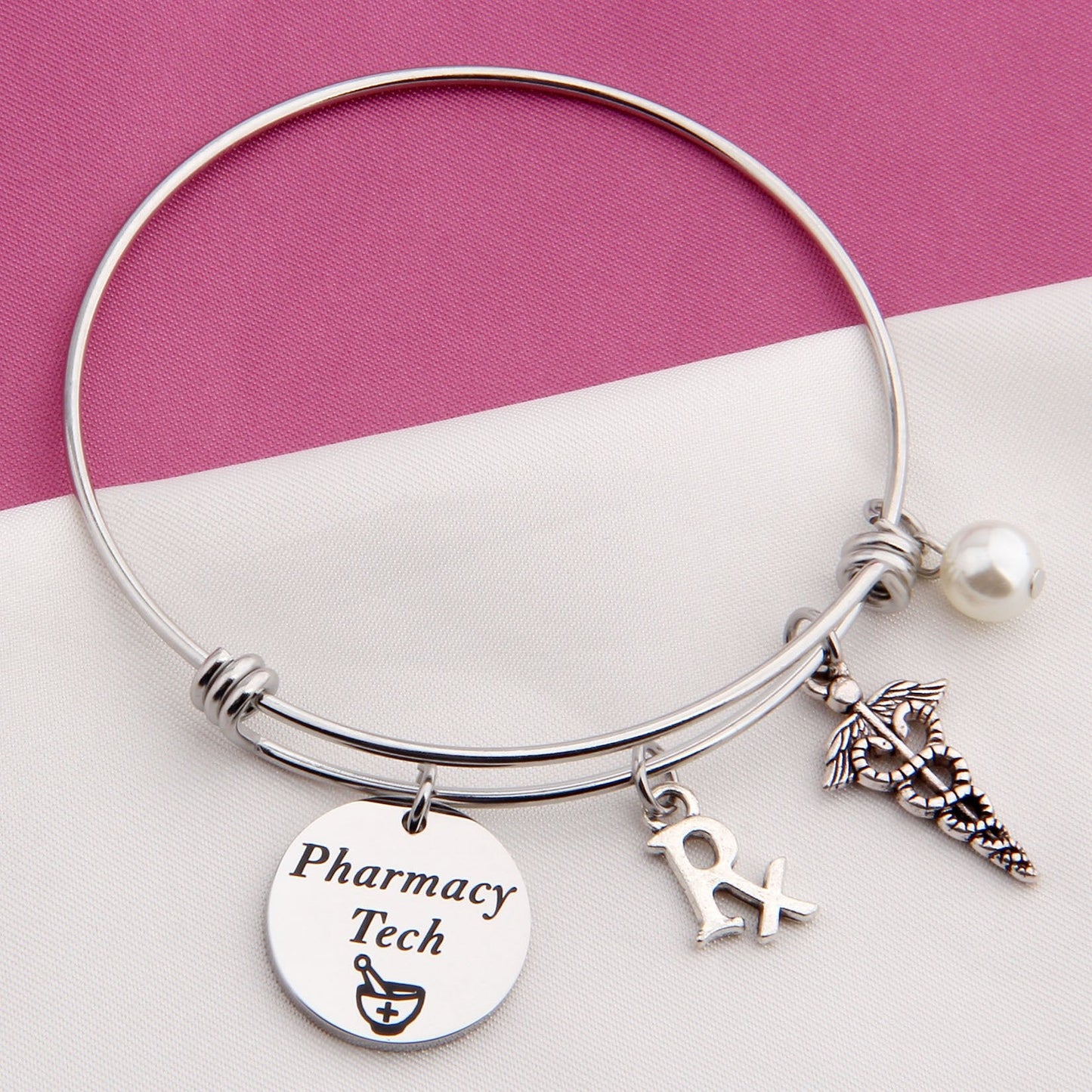 LQRI QIIER Pharmacy Tech Gift Pharmacy Technician Bracelet Expandable Wire Bangle RX Jewelry Gift for Pharmacist (Silver)