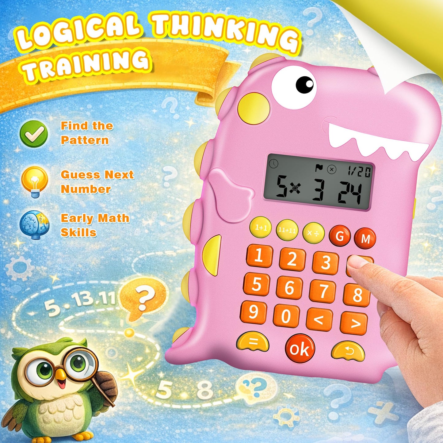 Math Games for Kids Ages 5-12, Portable Kids Calculator Toy, Addition Subtraction Multiplication Division Practice, 4 Logic Modes, 100,000 Questions, Fun Educational Math Toy, Dinosaur Toy for Kids
