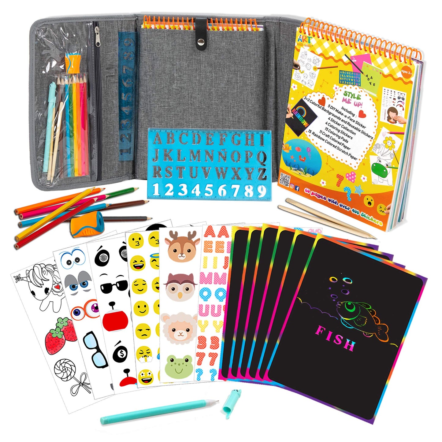 Activity Book for Girls and Boys - Premium Case Includes Large 60-page - 420 Stickers, Rainbow Scratch Papers, Reusable Stickers, Coloring Pencils, Numbers and Letters Stencil - Educational Toys Gift