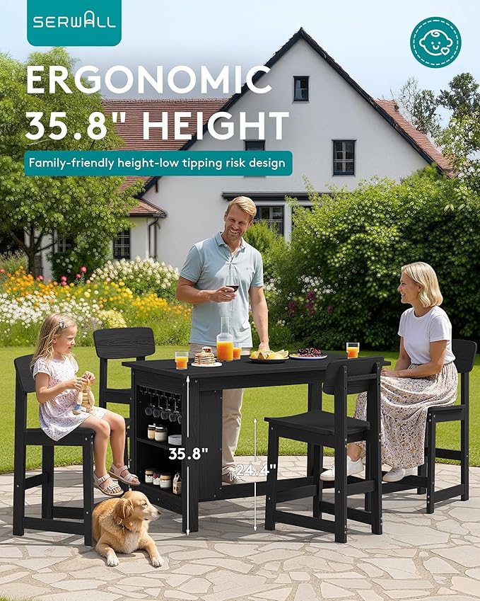SERWALL 8-Piece Counter Height DiningTable Sets with Storage and Wine Rack, HDPE 2 Rectangular Bar Table with Bar Stools Set of 6 for Garden, Backyard, Kitchen, Black