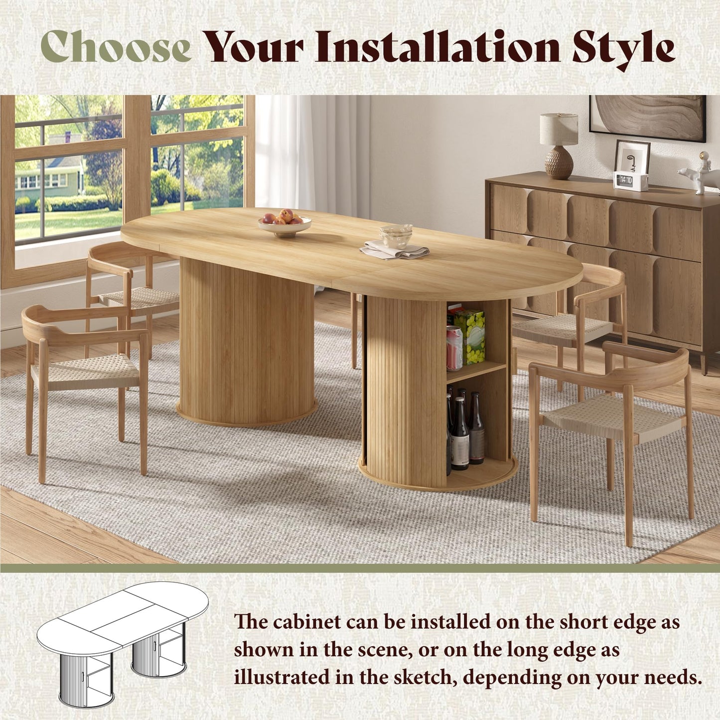AMERLIFE 86.6" Modern Oval Dining Table with Hidden Storage, Extra Long Wooden Dining Room Table with Cylindrical Fluted Base, Seats 6–8, Natural Wood