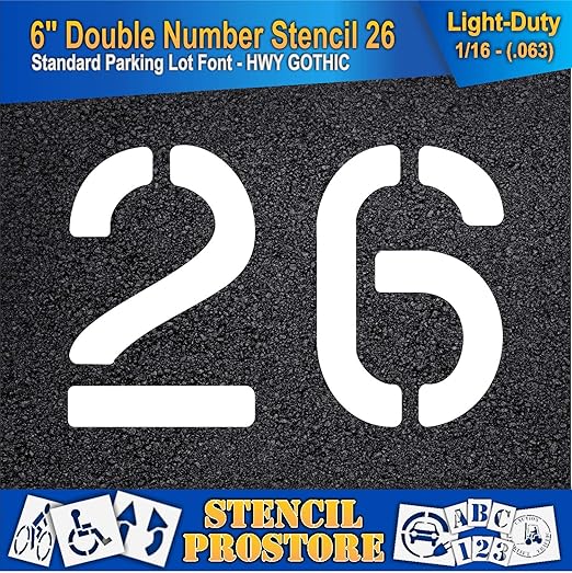 Pavement, Curb, and WheelStop Stencils - 6 inch Double Number Stencil - (26) - 6" x 9" x 1/16" (63 mil) - Light-Duty