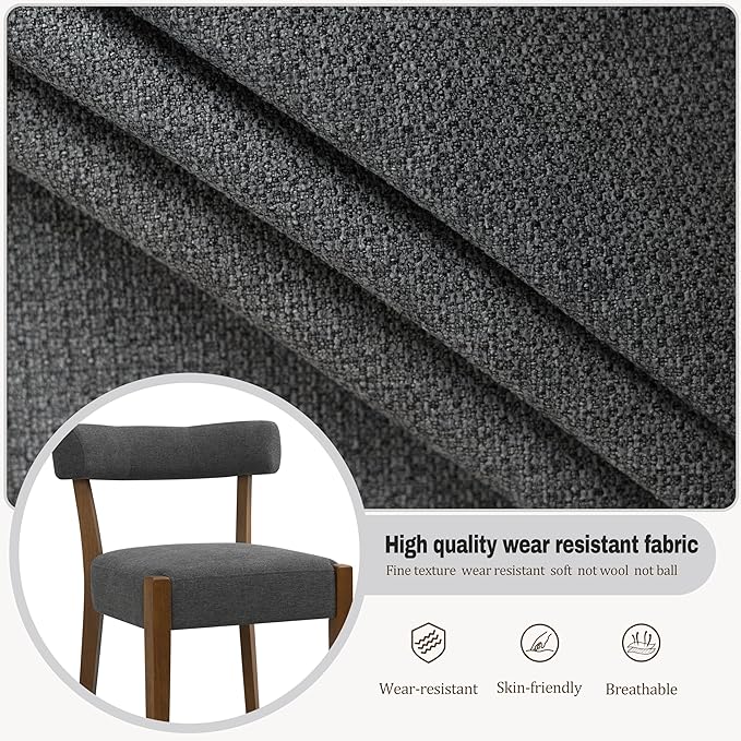Modern Dining Chairs Set of 2, Walnut Upholstered Kitchen & Dining Room Chairs, Mid Century Wooden Dining Chairs Oversized Sturdy Fabric Rounded Chairs Curved Back, Dark Grey