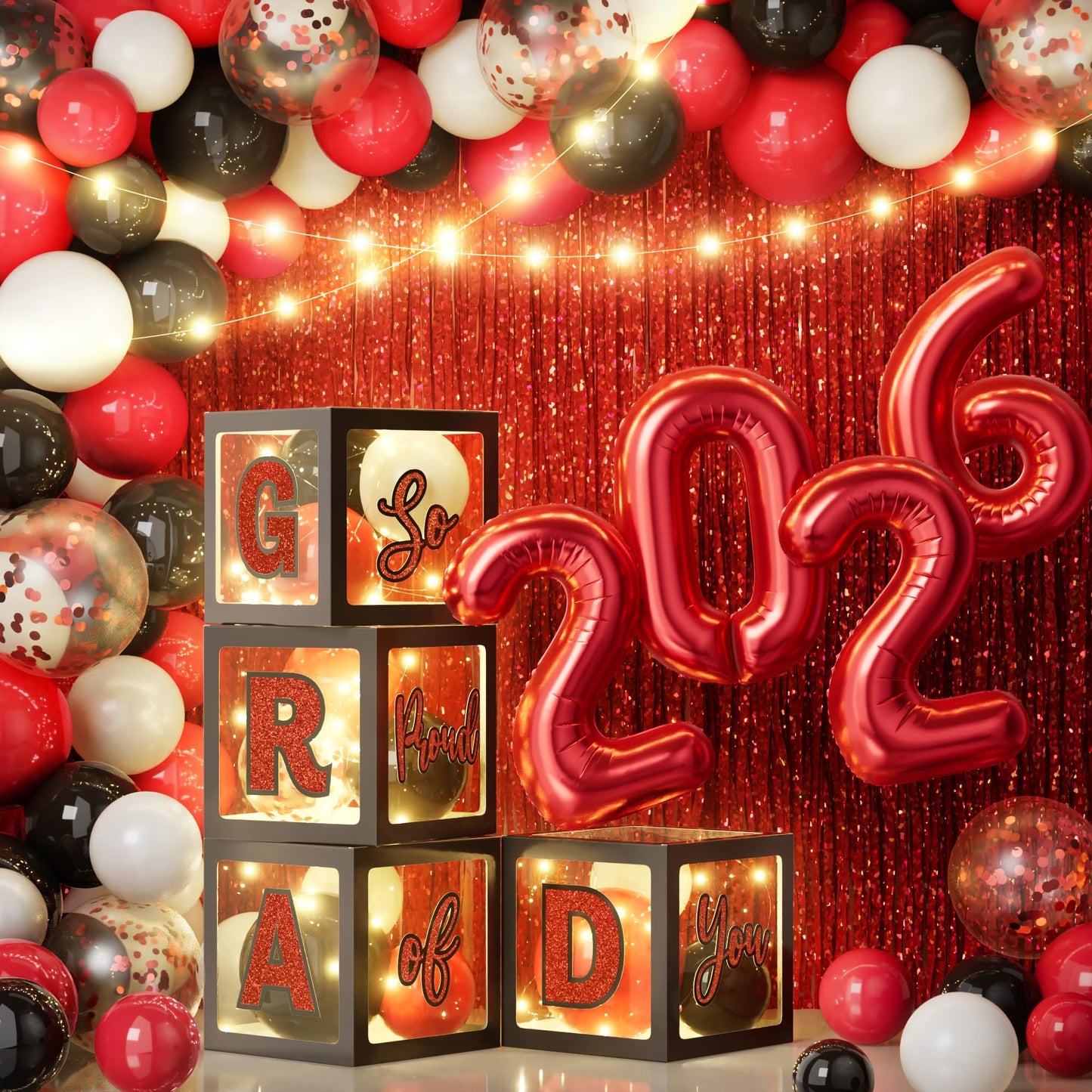 Ecomore Graduation Party Decorations Class of 2026 - 86 PCS Grad Party Supplies Includes LED Light Strings Balloon Block Boxes with Letters Foil Curtains Backdrop 2026 Balloon Garland Kit - Black Red