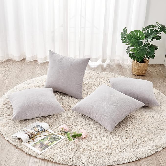GAWAMAY Decorative Square Throw Pillow Covers 18"x18" Inch Set of 4, Super Soft Chenille Pillows Farmhouse Fall Pillowcase for Living Room Bedroom Sofa Couch Cushion Cover Light Grey 45x45cm