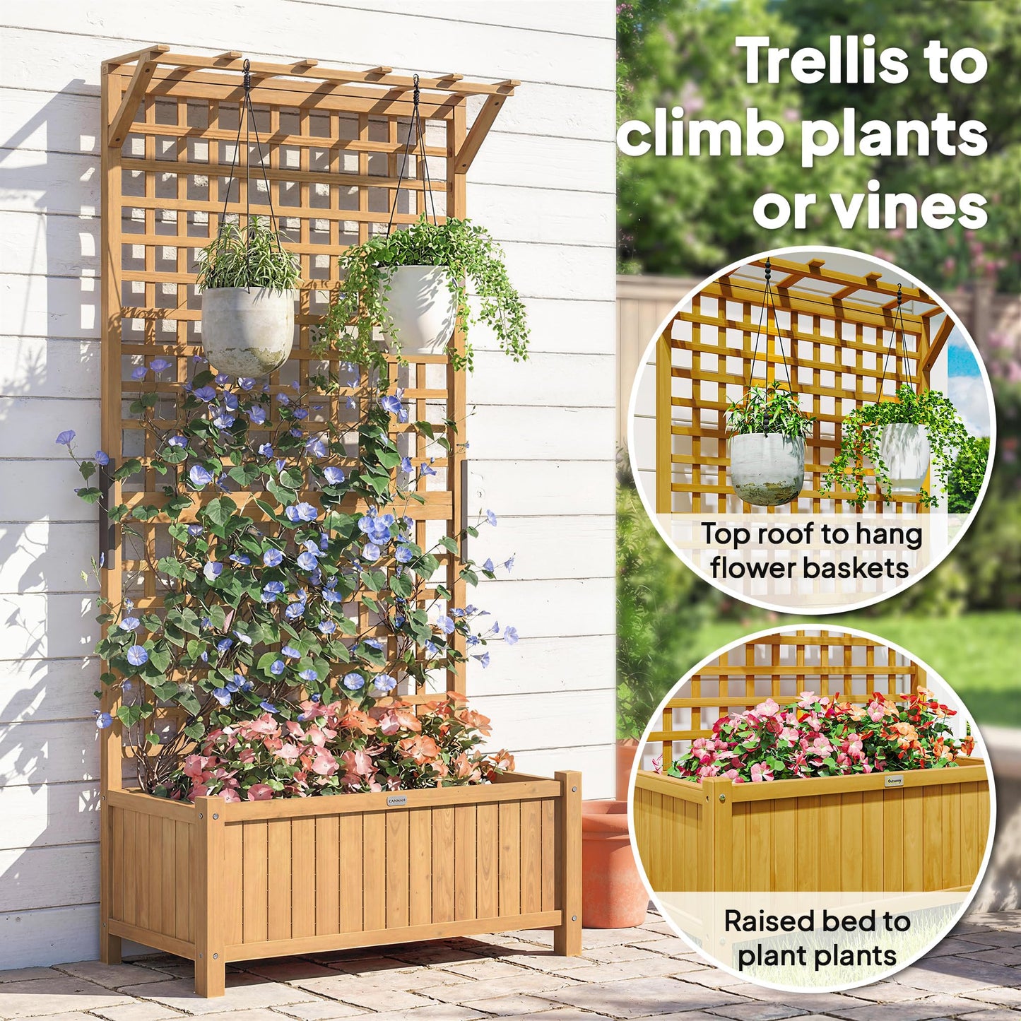 Outsunny Wood Planter with Trellis, Raised Garden Bed for Climbing Plants w/Drainage Holes and Roof, 35.5" x 17.75" x 72", Yellow