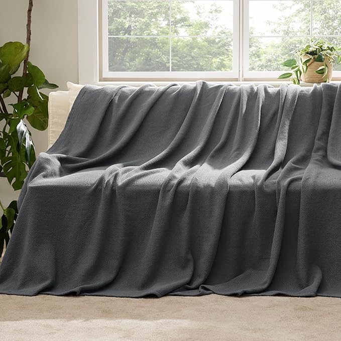 Bedsure 100% Cotton Blanket Twin XL Size for Bed - Breathable and Lightweight, Soft Cozy Textured Herringbone Woven Blanket for Summer Spring, Dark Grey, 66x90 inches