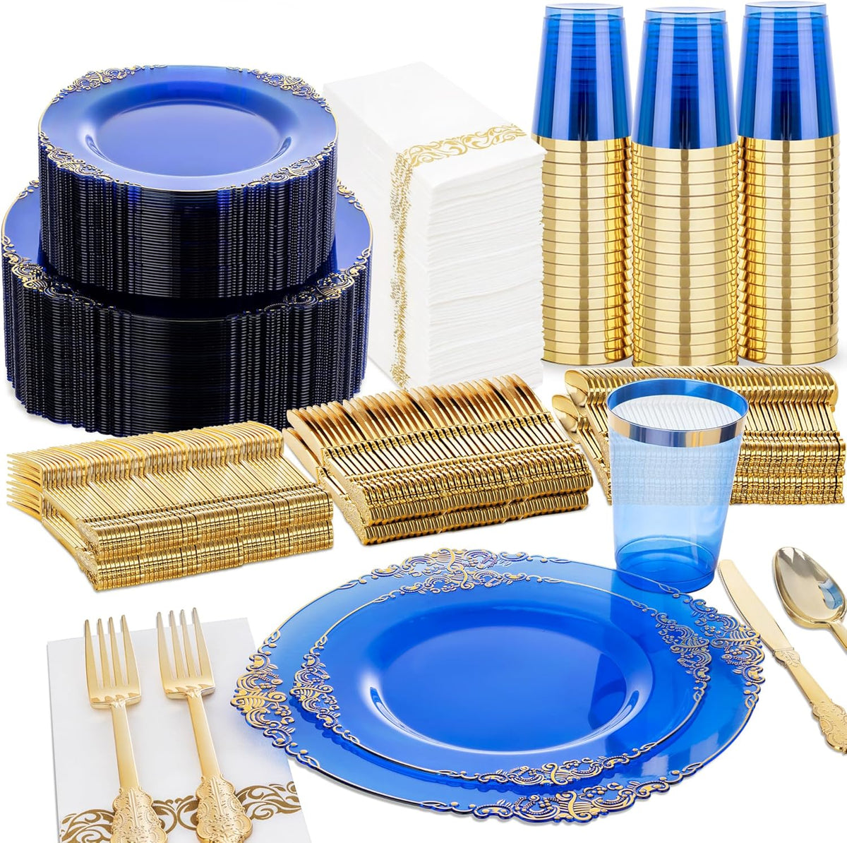 Nervure 350PCS Blue Plastic Plates - Blue Plastic Dinnerware Sets for 50 Guests - 100 Disposable Plates, 150 Gold Silverware, 50 Cups, 50 Napkins for Wedding & Party & Thanksgiving Day
