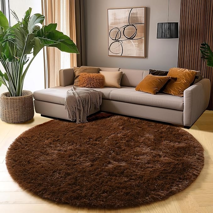 Amdrebio Dark Brown Rug 4Ft for Bedroom, Round Fluffy Shag Plush Area Rugs for Kids Room, Living Room Decor Aesthetic, Fuzzy Fur Floor Chocolate Coffee Circle Carpet for Playroom Dorm Baby Nursery