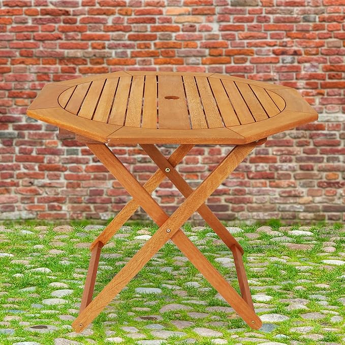 Sunnydaze Folding Meranti Wood Outdoor Dining Table with Umbrella Hole - Foldable Teak Patio Table - Teak Oil Finish - Octagon