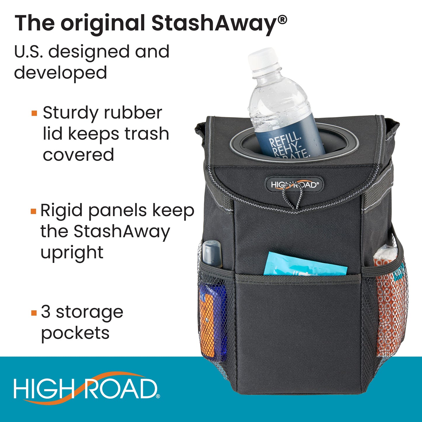High Road StashAway Heavy Duty Car Trash Can with Rubber Lid, 3 Storage Pockets and Sturdy Panels for Stable Floor or Hanging Seatback Use (Black)