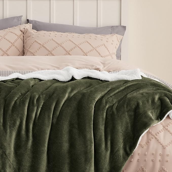 Bedsure Sherpa Fleece Blankets King Size for Bed - Thick and Warm, Soft Fuzzy Plush King Blanket for Winter, Olive Green, 108x90 Inches