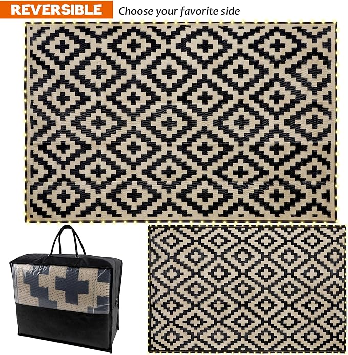 SAND MINE Reversible Mats with Led Strip Lights, Plastic Straw Rug, Modern Area Rug, Large Floor Mat for Outdoors, Patio, Backyard, Deck, Picnic, Camping, Black & Beige, 5' x 8'