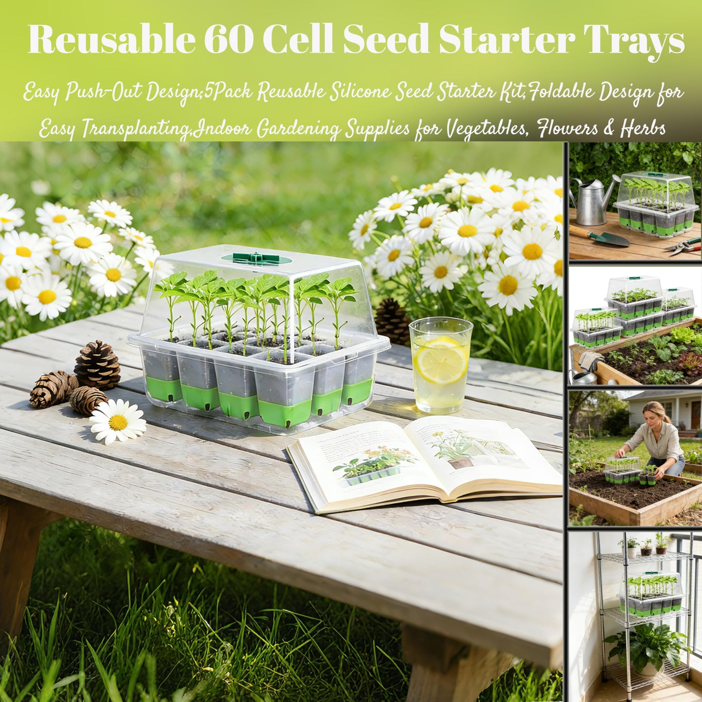 5-Pack Flexible Germination Trays,Reusable 60Cell Seed Starter Trays With Humidity Dome & Lids , Flexible Pop-Out Design, BPA-Free Silicone Seedling Kit & Dishwasher Safe for Herbs/Vegetables/Flowers