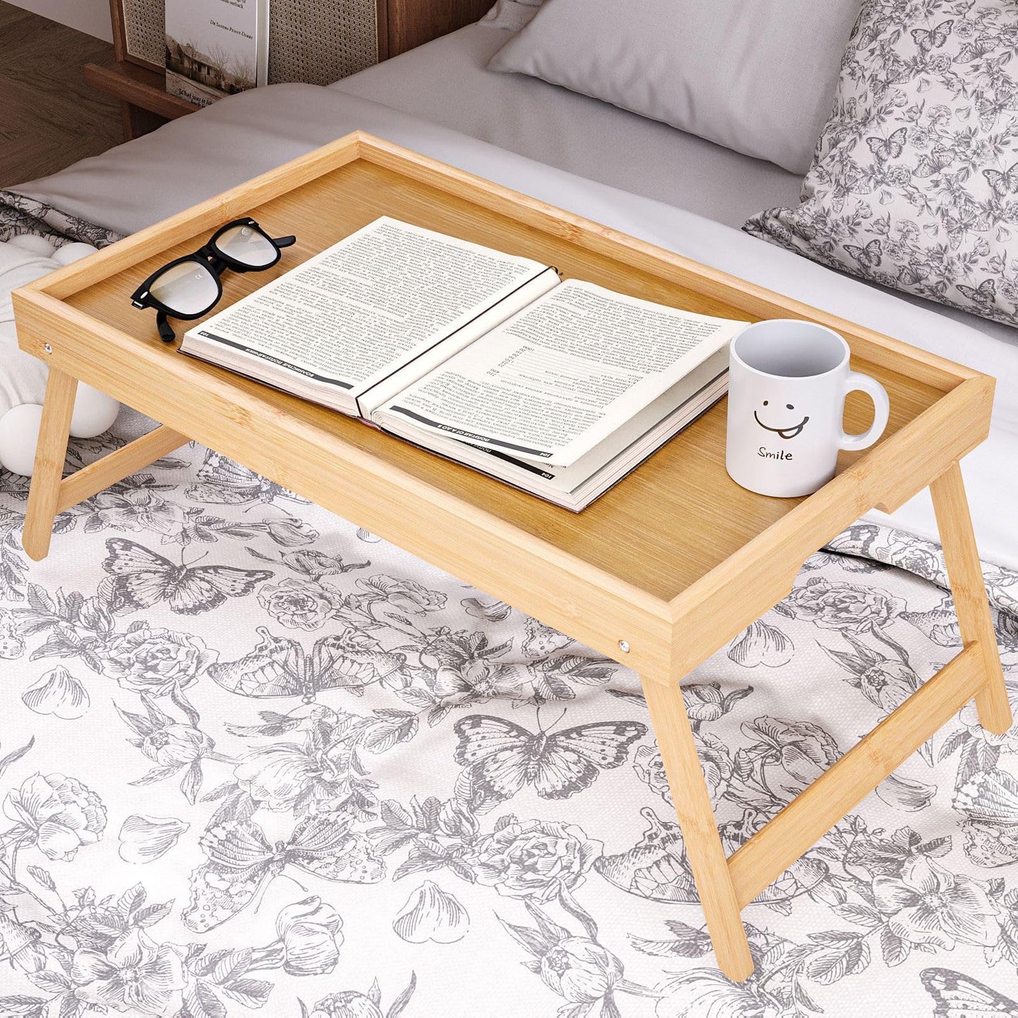 Bamboo Bed Tray Table with Foldable Legs Breakfast Tray, Lightweight Laptop Desk for Eating, Reading, Working in Bed or Sofa – Portable Lap Desk with Handles, Perfect for Home - Natural