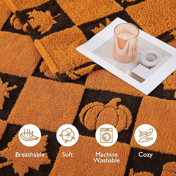 SOCHOW Fall Decor Jacquard Throw Blanket, Fuzzy Soft Warm Pumpkin Maple Leaves Plaid Autumn Checkered Blanket for Couch, Sofa and Bed, 50 x 60 Inches, Orange/Black