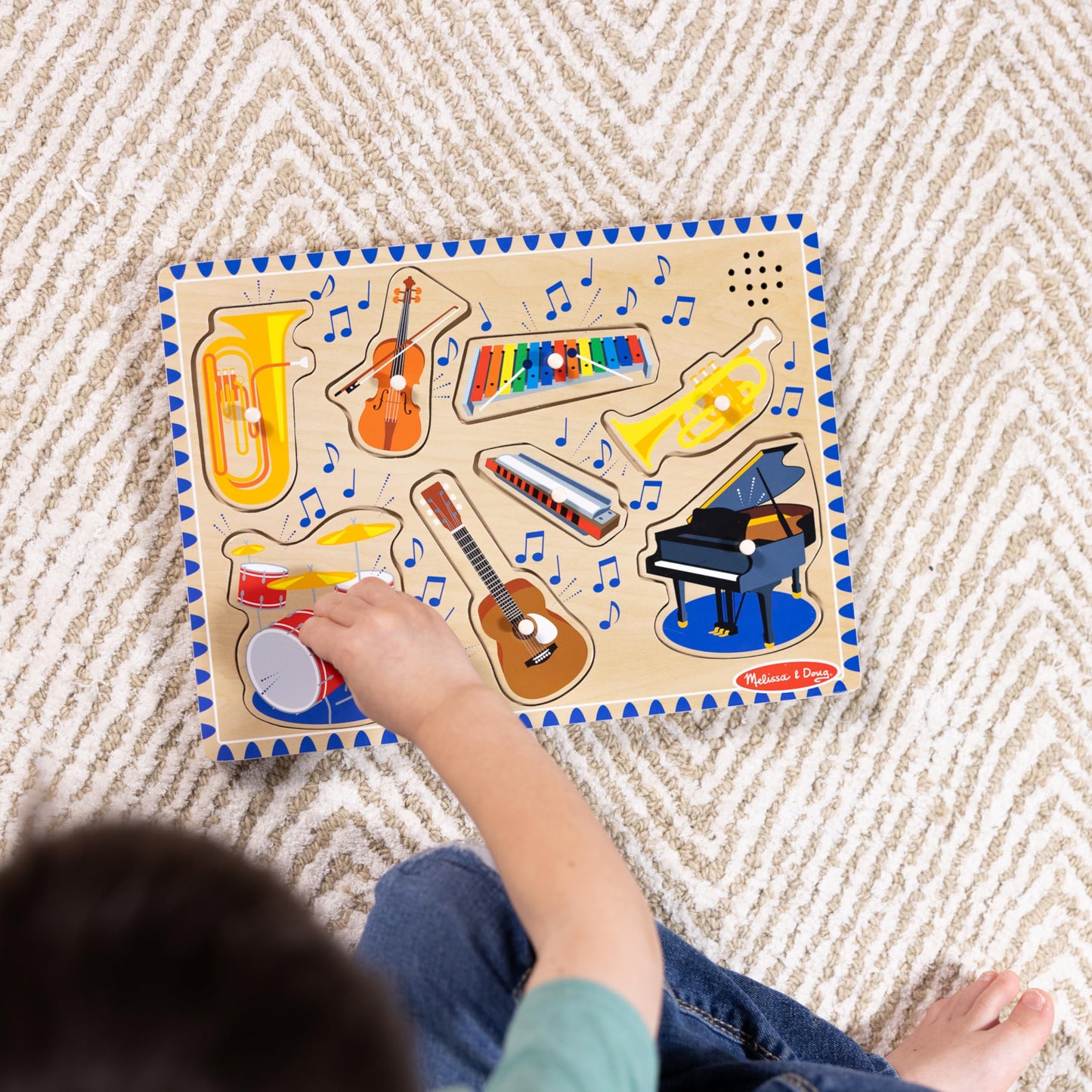 Melissa & Doug Musical Instruments Sound Puzzle - Wooden Peg Puzzle with Light-Activated Sound Effects (8 pcs) Wooden Peg Baby Music Learning Toys, for Toddlers and Preschoolers Ages 2+