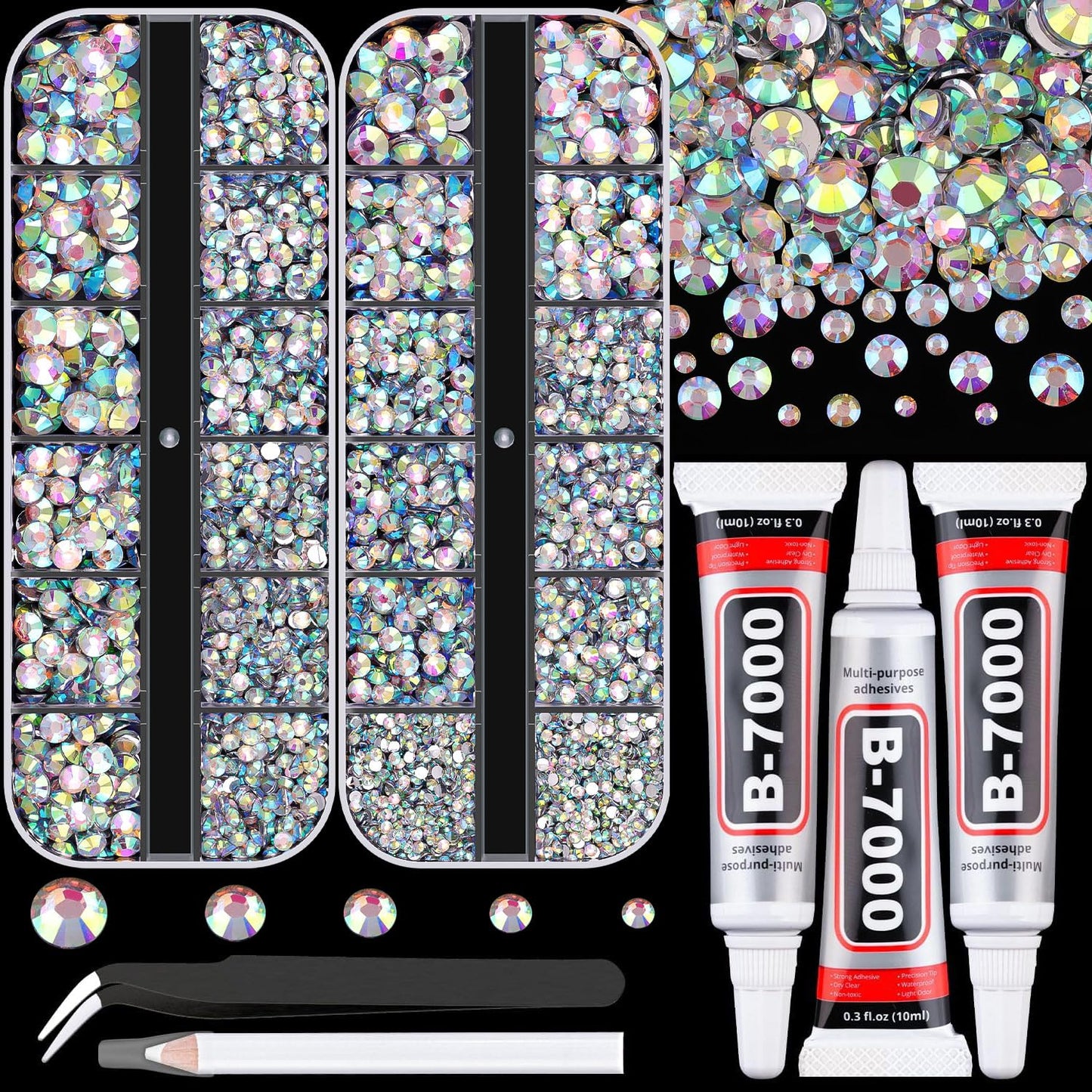 Resin Rhinestones for Crafting with B7000 Jewelry Glue, 2 Boxes AB Flatback Crystals with 3Pcs 10ml Glue for Bedazzling Crafts DIY Nail Art Makeup，Non Hotfix Gems for Clothing Shoes