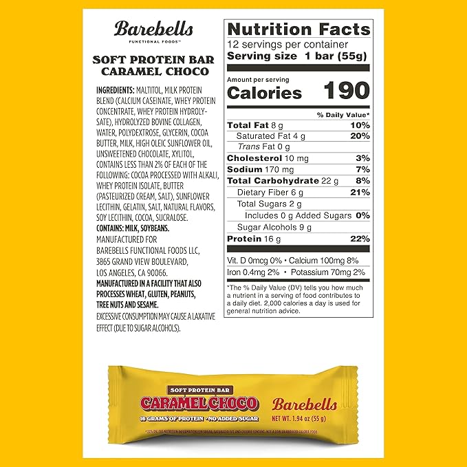 Barebells Soft Protein Bars Caramel Choco - 24 Bars (2 Packs of 12) - Protein Snacks with 16g of High Protein - Fluffy Chocolate Protein Bar with 2g of Total Sugars - Soft Protein Snack & Breakfast Bars