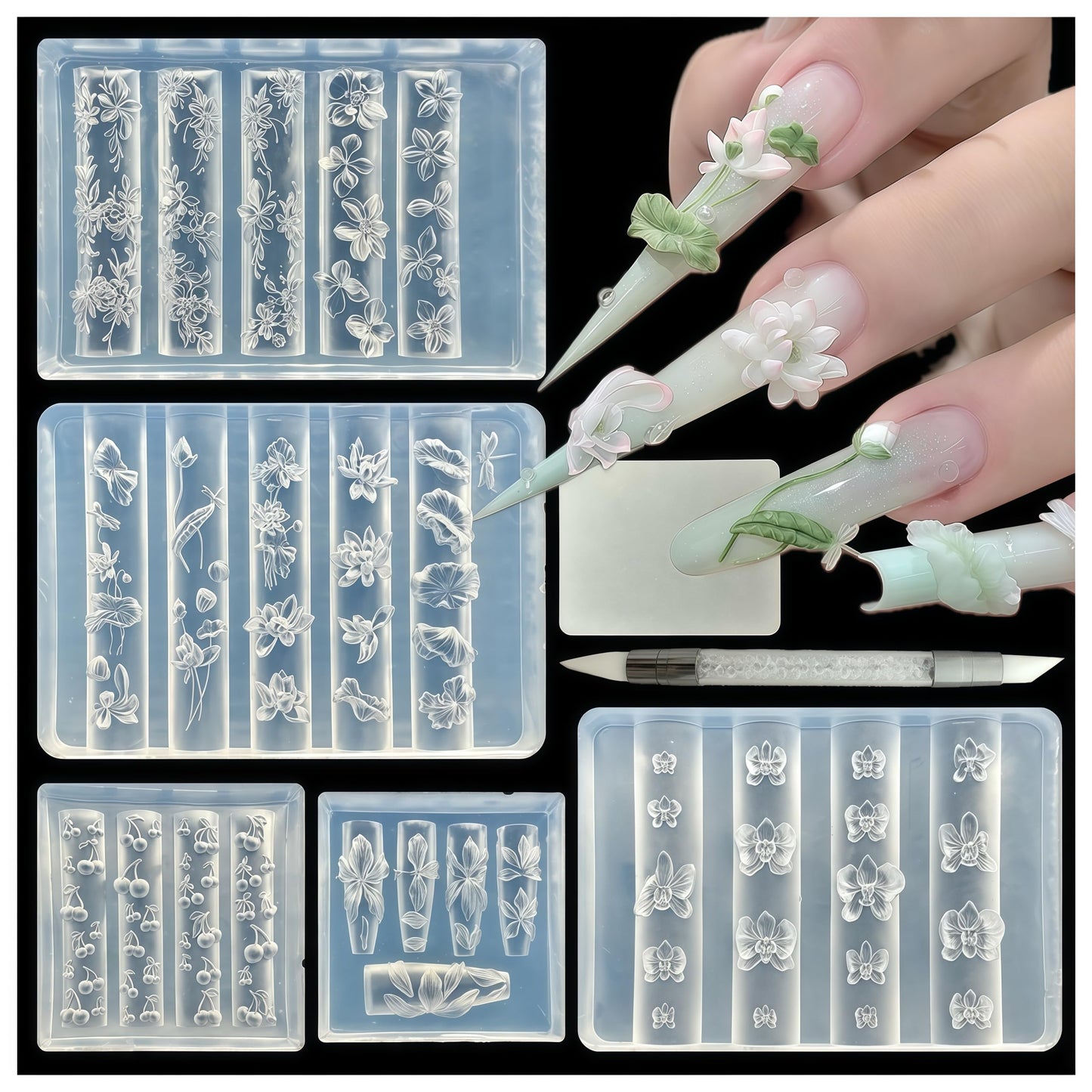 5Pcs 3D Flowers Spring Nail Art Mold Arts Lotus Cherry Phalaenopsis Orchid Molds for Accessories Supplies Y2K Silicone Tools Nails