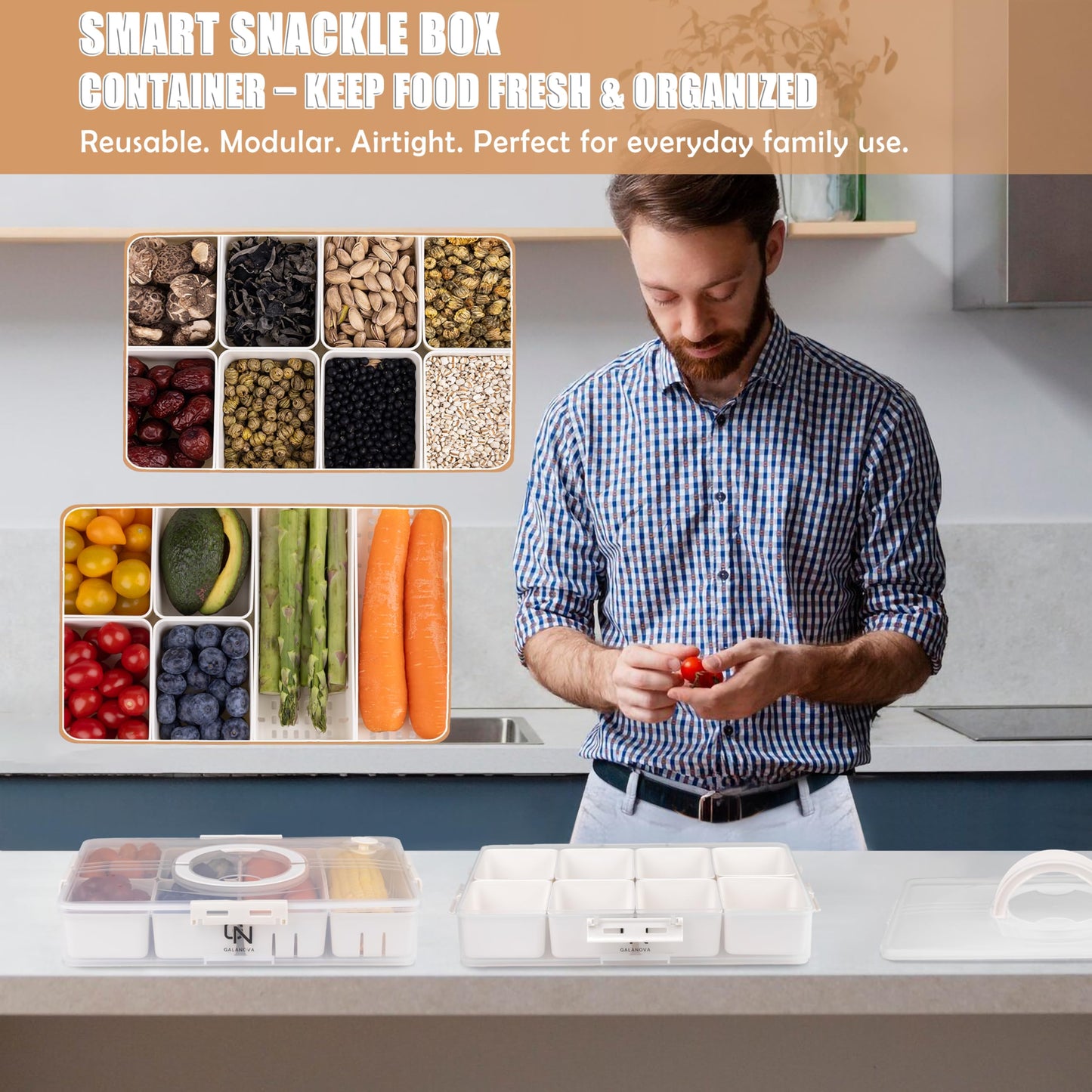 Stackable Snackle Box Container with 2 Lids, 14 Compartments - BPA-Free Snackle box Organizer, Dishwasher & Microwave Safe Reusable Snacklebox for Veggies, Fruits, Charcuterie, Snacks (White, 2 Pack)