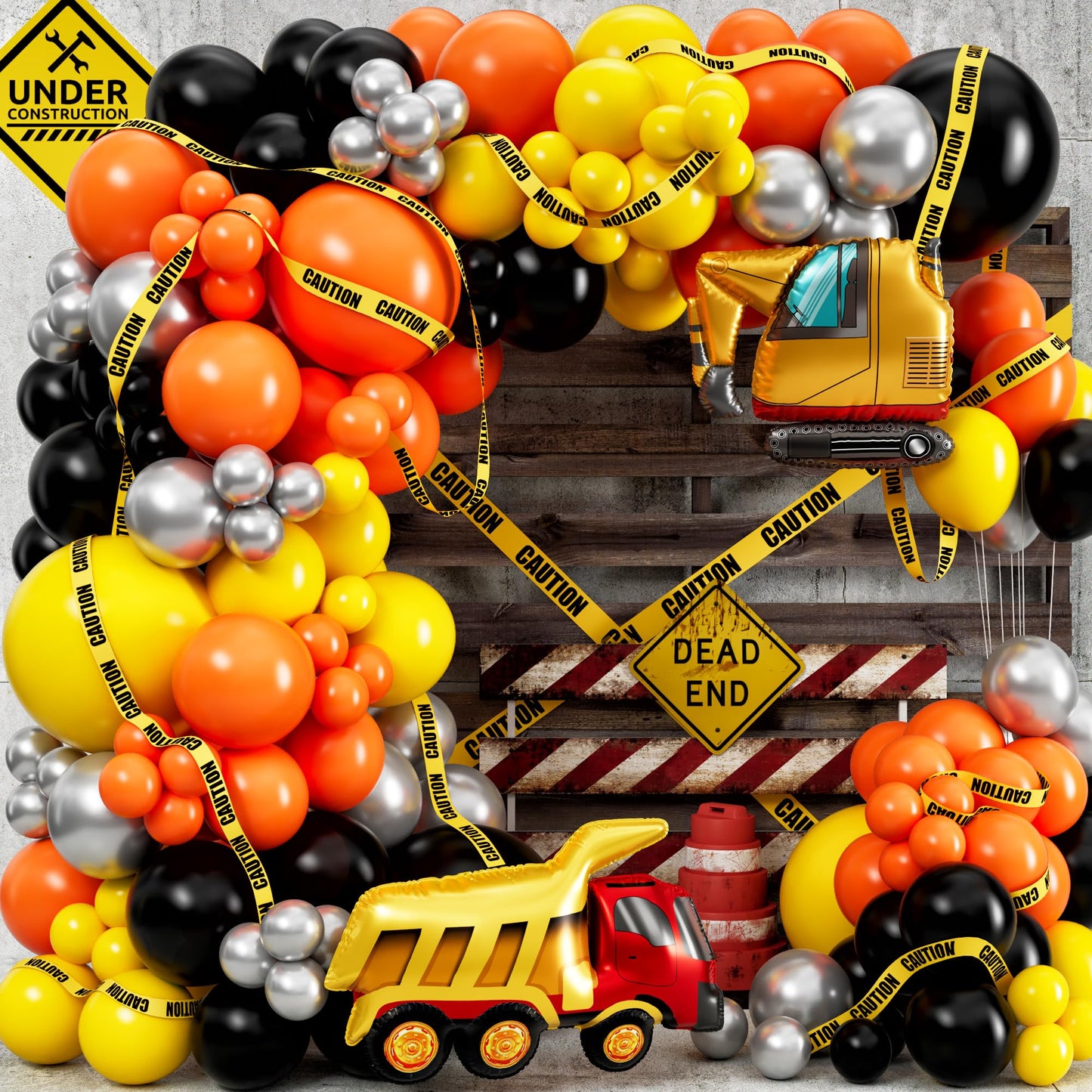 ALL-IN-1 Construction Balloon Arch Kit with BONUS Caution Tape & Truck Balloons - Construction Balloons for Excavator Birthday Decorations - Construction Birthday Party Supplies & Decorations
